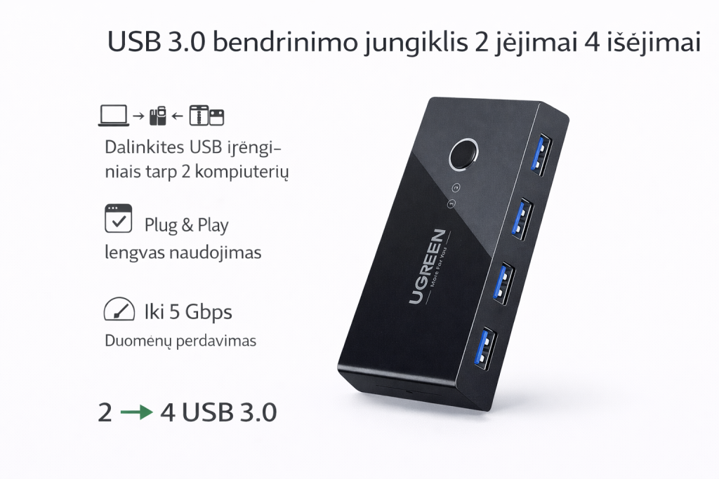 USB-C 3.0 bendrinimo jungiklis 2 įėjimai 4 išėjimai